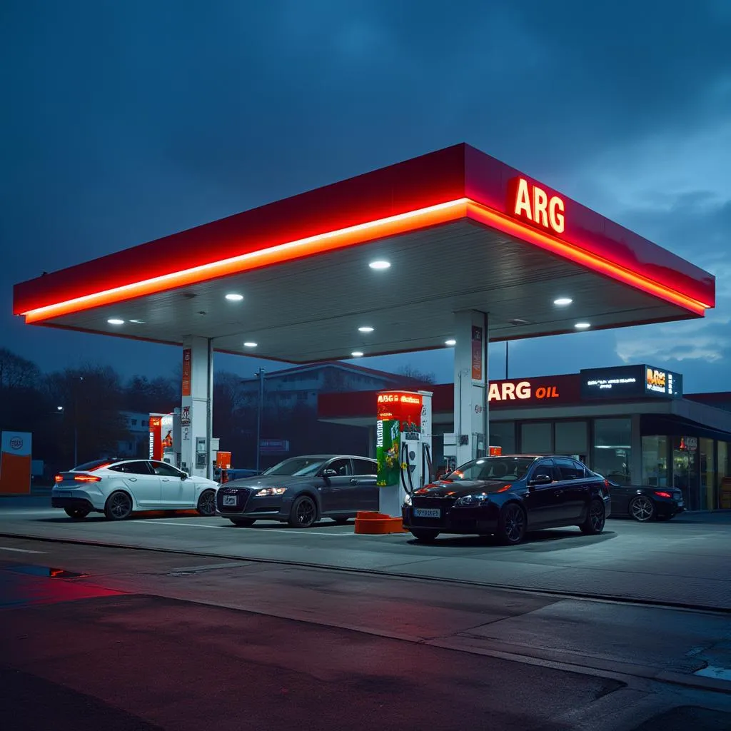 Estación de servicio ARG Oil moderna de noche